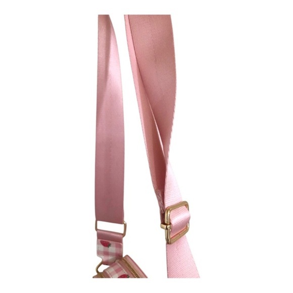 Pink plaid checkered strawberry print gold tone hardware crossbody canvas bag - Picture 4 of 13